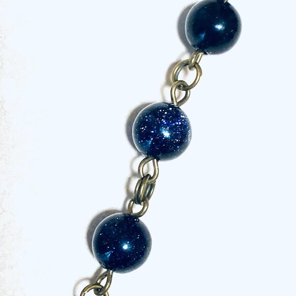 Dark Blue Goldstone Bronze Link Adjustable Short Necklace w/ Cute Acorn Pendant - Picture 9 of 15